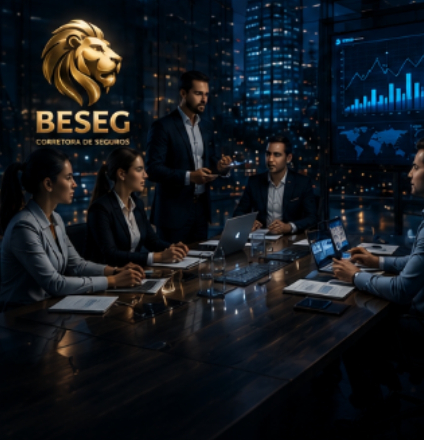 Equipe corporativa em reunião representando proteção empresarial